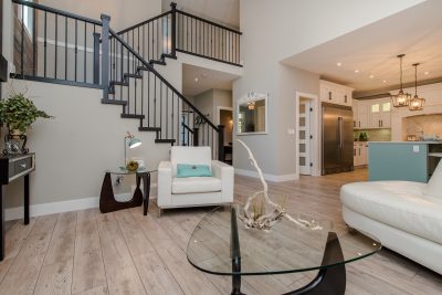 an armchair by the stairs