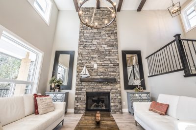 full view of a fireplace in a luxury designed home