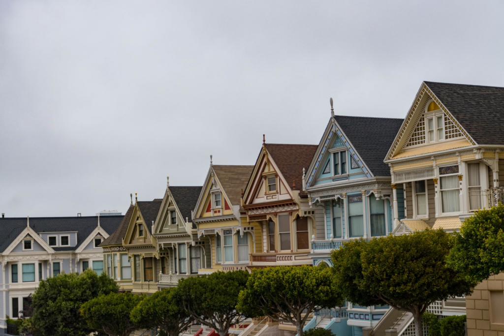 a row of colourful townhouses