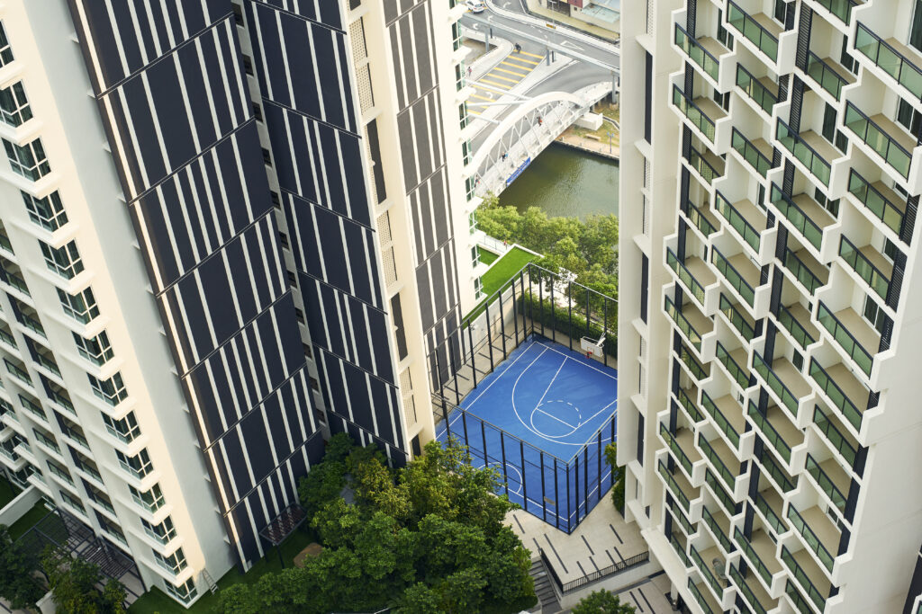 aerial view of a high rise condo community